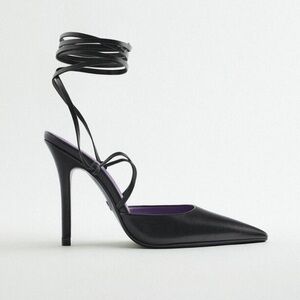 NWT. Zara Black Leather Strappy Lace-up Heels. Size 7.5.